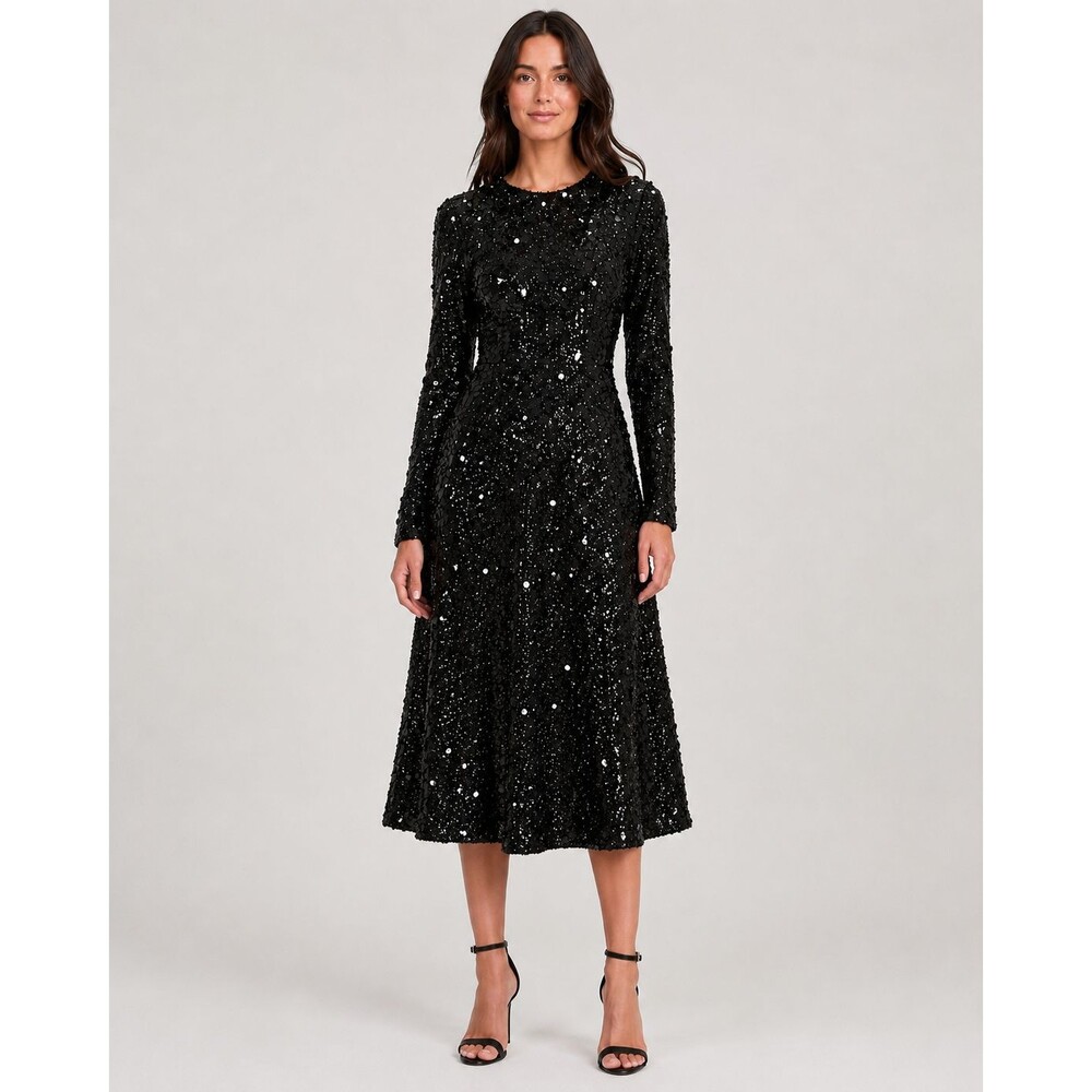 Warehouse Black Sequin Long Sleeve Asymmetrical Midi Dress UK 6 US 2
